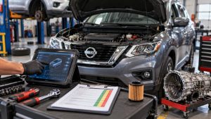 High-mileage Nissan undergoing a comprehensive vehicle health and powertrain diagnostic inspection in Allen, TX