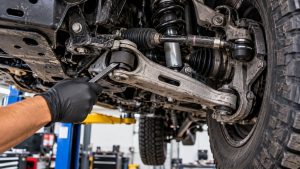 Technician inspecting a Ford Bronco front lower control arm bushing with a pry bar to diagnose suspension wear caused by rough roads and potholes.