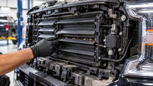 Technician inspecting a Ford F-150 active grille shutter assembly for road debris and jammed louvers that can cause engine overheating.