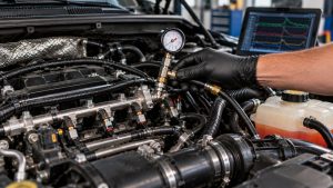Ford EcoBoost fuel pressure testing for lean fuel trim problems under highway load in Allen, TX